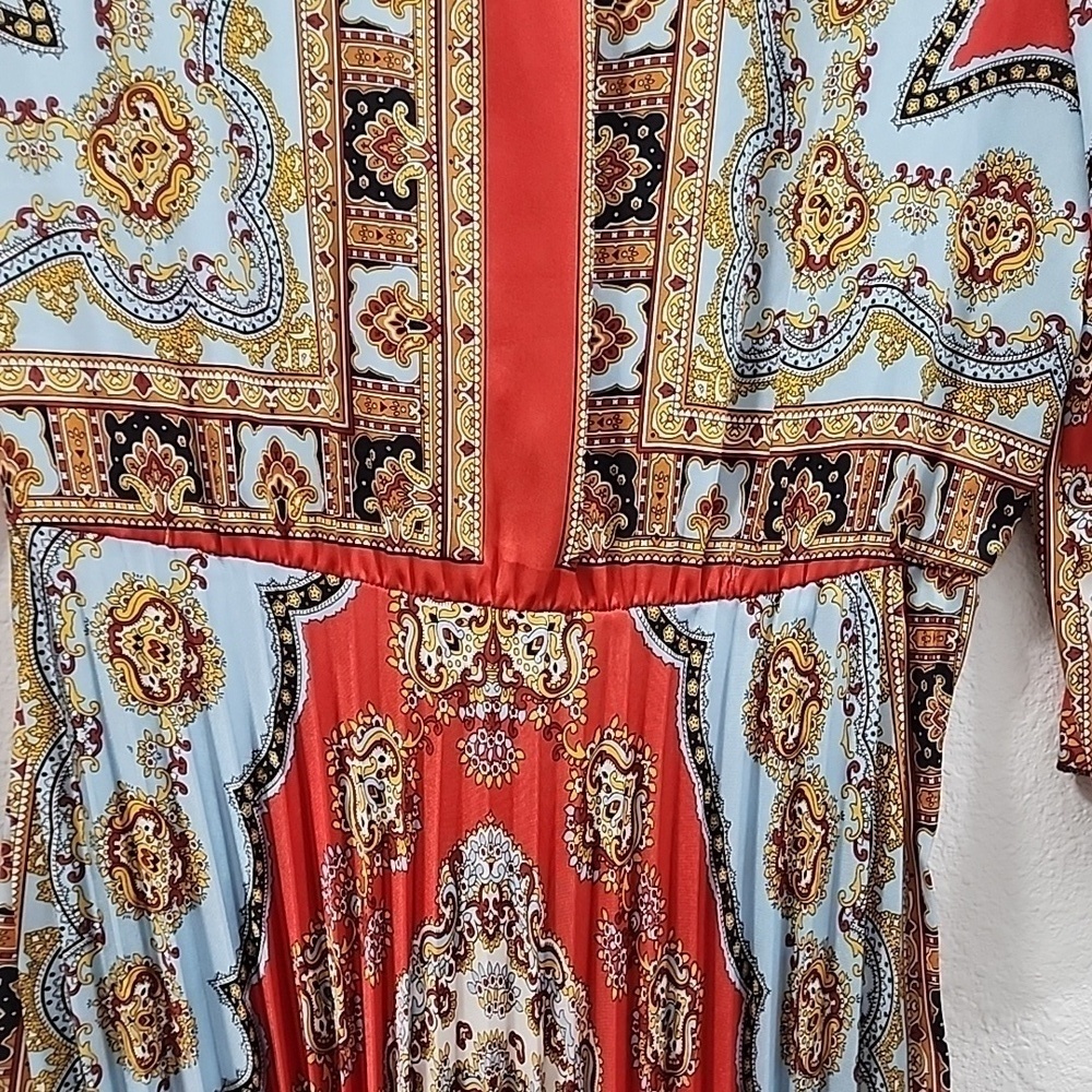 ZARA Boho Patchwork Wrap Midi Dress Red Blue Print Belted Pleated V-Neck - Picture 15 of 15